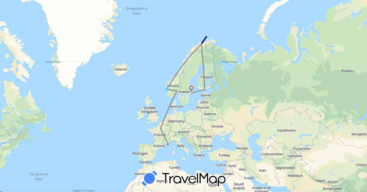 TravelMap itinerary: driving, plane, boat in Finland, France, Norway, Sweden (Europe)